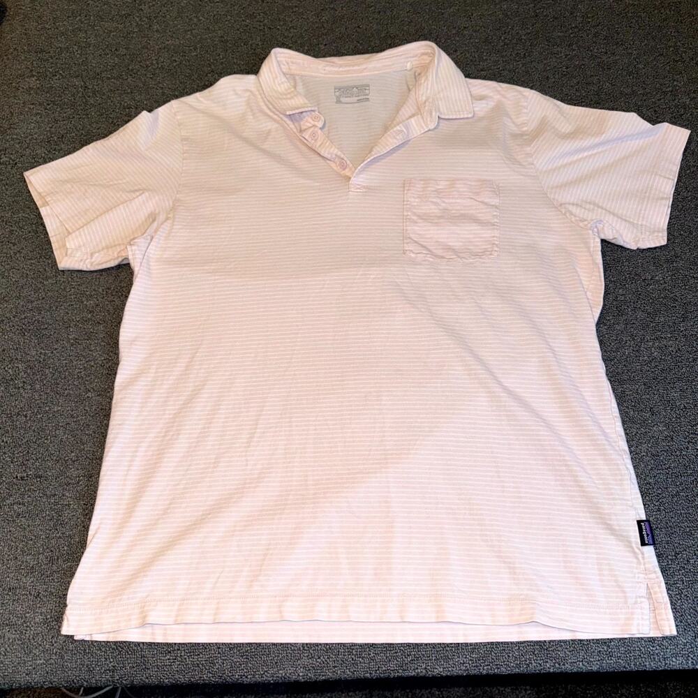 Patagonia Polo‎ Shirt Men's XL Pink White Striped Chest Pocket Performance Golf